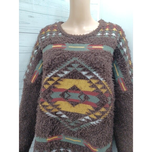 Vtg Rockin'C Southwestern Fuzzy Funky Geometric Brown Sweater Brown Fringed XL - Picture 2 of 8
